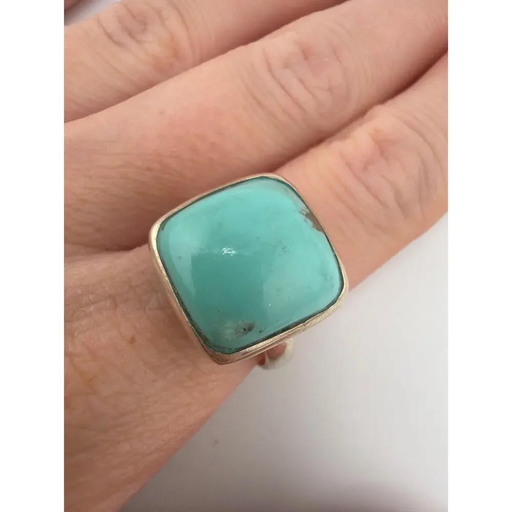 Sterling Silver Cushion Cut Turquoise Bezel Ring Size 8.5